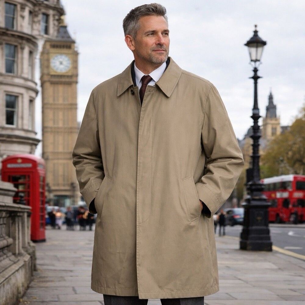 Vintage London Fog Trench Car Coat Mens 44 Reg Andes Detachable Liner USA Made